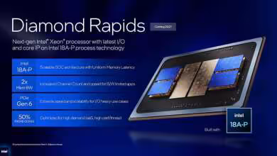 Visuel Intel Diamond Rapids sur Intel 18A-P, futur processeur Xeon avec carte mère et puces visibles