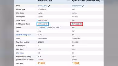 Tableau comparatif Intel Core 3 304 et Apple A18 Pro avec spécifications et performances.