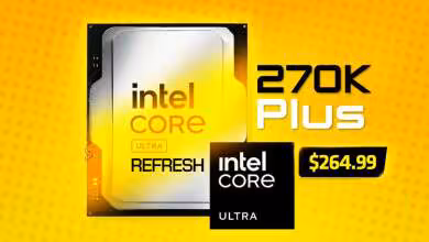Image marketing Intel Core Ultra 270K Plus fond jaune vif chiffres prix $264.99