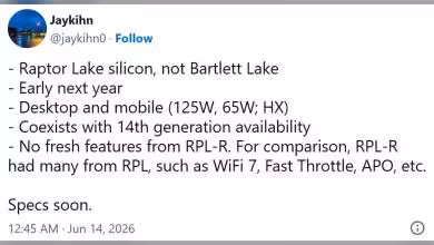 Capture tweet fuite sur processeurs Intel, spécifications Raptor Lake, disponibilité début 2026