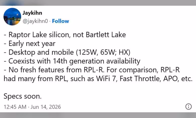 Raptor Lake Next : Intel préparerait des Core 200 pour LGA 1700 jusqu’en 2027 1 Capture tweet fuite sur processeurs Intel, spécifications Raptor Lake, disponibilité début 2026