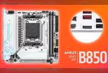 Carte mère JGINYUE B850I avec design blanc et illustration sur fond rouge vibrant