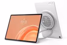Lenovo Tab Plus Gen 2 blanche avec haut-parleur circulaire intégré, vue de face et dos
