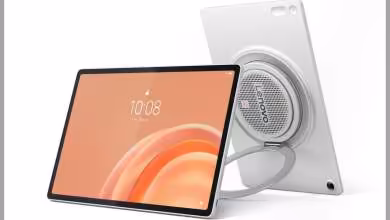 Lenovo Tab Plus Gen 2 blanche avec haut-parleur circulaire intégré, vue de face et dos