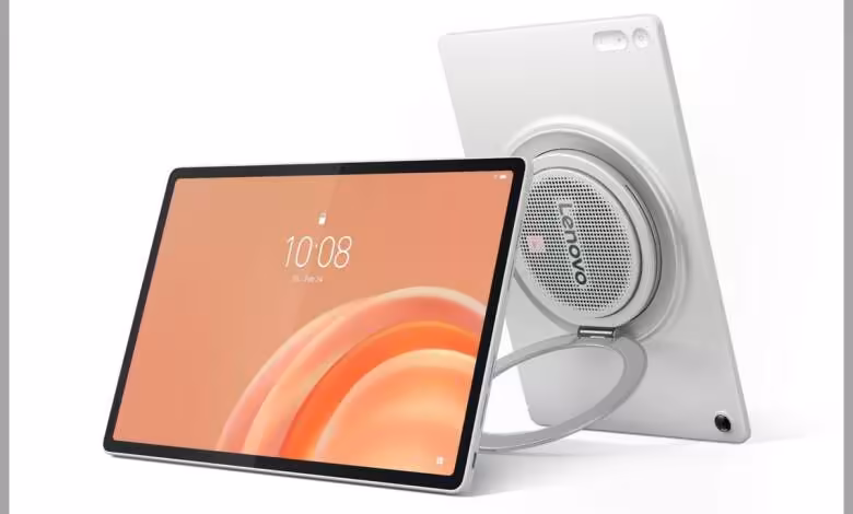 Lenovo Tab Plus Gen 2 : une tablette 12,1 pouces à 399,99 $ qui mise tout sur l’audio 1 Lenovo Tab Plus Gen 2 blanche avec haut-parleur circulaire intégré, vue de face et dos