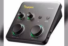 Interface audio Maono ProStudio noire avec boutons gain micro, moniteur caméra et casque