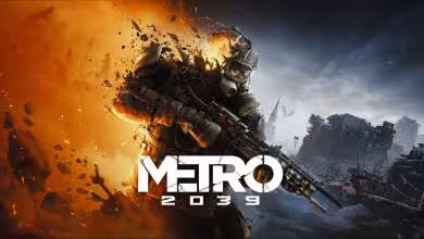 Art key Metro 2039 avec soldat masqué armé, explosion orange et logo Metro 2039