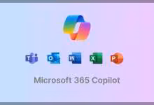 Logo Microsoft 365 Copilot avec icônes Teams, Outlook, Word, Excel et PowerPoint sur fond dégradé pastel