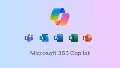 Logo Microsoft 365 Copilot avec icônes Teams, Outlook, Word, Excel et PowerPoint sur fond dégradé pastel