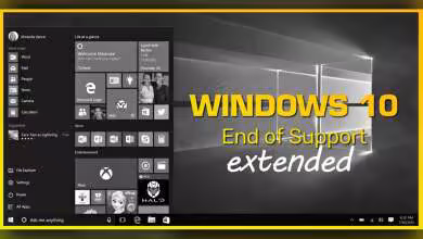 Capture d'écran Windows 10 avec texte "End of Support extended", fond gris contrasté