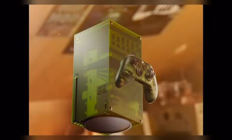 Xbox Series X25 : Microsoft prépare une édition limitée translucide pour les 25 ans 1 Console Microsoft Xbox Series X25 translucide avec manette assortie en présentation.