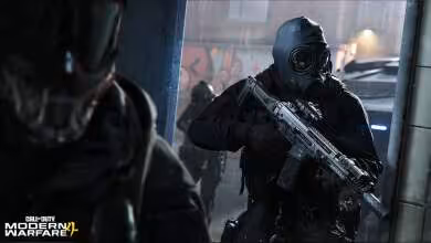 Soldat de Modern Warfare 4 en tenue tactique noire, masque à filtre, fusil d’assaut en main