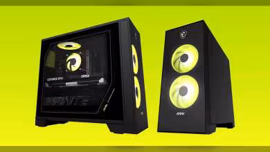 Boîtier MSI MAG Infinite Z 8B avec éclairage RGB jaune vif, fond jaune intense