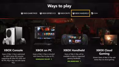Capture écran menu Xbox avec options de jeu et surbrillance Xbox Handheld