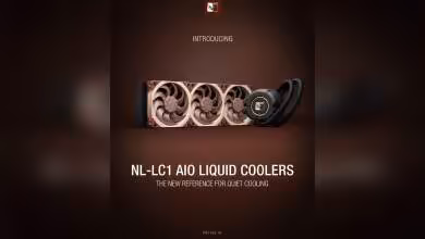 Visuel promotionnel Noctua NL-LC1 AIO Liquid Coolers avec radiateur triple ventilateur et bloc pompe noir