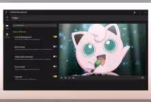 Interface logiciel NVIDIA Broadcast affichant paramètres video et effet de fond virtuel avec Jigglypuff.