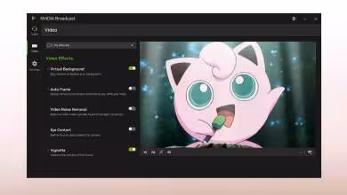 Interface logiciel NVIDIA Broadcast affichant paramètres video et effet de fond virtuel avec Jigglypuff.