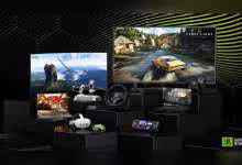 Gamme produits NVIDIA GeForce NOW avec jeux sur écran fond noir et vert lumineux
