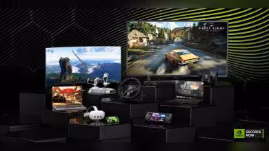 Gamme produits NVIDIA GeForce NOW avec jeux sur écran fond noir et vert lumineux