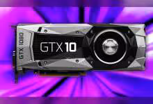 Carte graphique NVIDIA GTX 1080 avec arrière-plan violet dynamique, contrastes forts