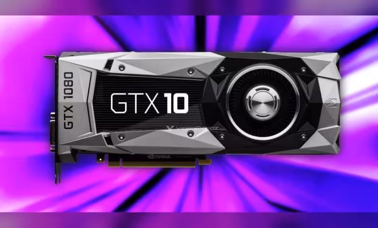 Carte graphique NVIDIA GTX 1080 avec arrière-plan violet dynamique, contrastes forts