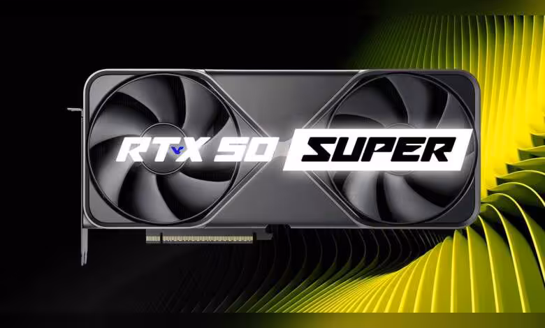RTX 50 SUPER : un refresh GeForce désormais évoqué pour le CES 2027 avec GDDR7 3 Go 1 Carte graphique NVIDIA RTX 50 SUPER avec double ventilateur sur fond vert et noir.