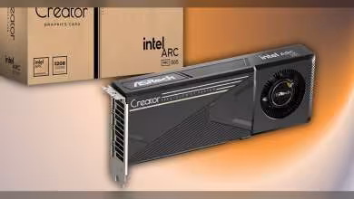 Carte graphique ASRock Intel Arc avec emballage, éclairage contrasté, fond dégradé