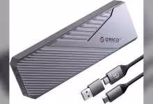 Boîtier SSD externe ORICO CNM2-U4-GY avec câble USB4 et connecteurs USB-C visibles