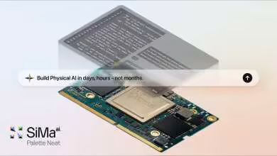 Carte accélératrice SiMa.ai Palette Neat avec module et puce, illustration du slogan Build Physical AI in days, hours, not mo