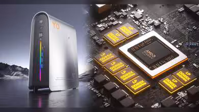 Mini PC PELADN YO2 avec éclairage RGB vibrant fond sombre, détails du circuit intégré