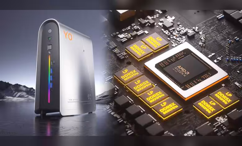 Ryzen AI Max+ 395 : le PELADN YO2 affiche 128 Go et un mode à 120 W en mini-PC 1 Mini PC PELADN YO2 avec éclairage RGB vibrant fond sombre, détails du circuit intégré