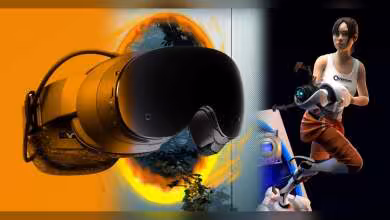 Casque VR avec personnage de jeu Portal et portail orange lumineux en arrière-plan.