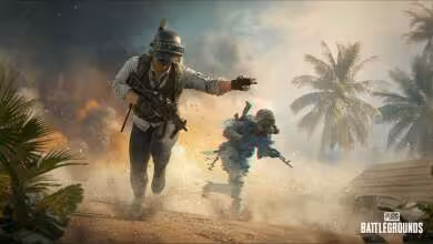Deux soldats de PUBG: Battlegrounds en pleine action dans un décor poussiéreux avec palmiers