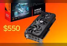 Carte graphique AMD Radeon RX 9070 XT avec boîte Gigabyte fond orange vif, prix affiché $550