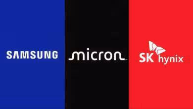 Logos Samsung, Micron, SK hynix fond coloré tripartite, contraste modéré