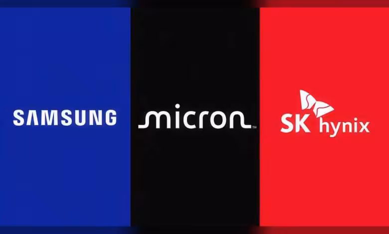 Logos Samsung, Micron, SK hynix fond coloré tripartite, contraste modéré