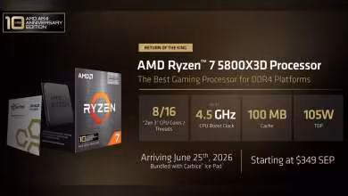 Capture annonce processeur AMD Ryzen 7 5800X3D avec spécifications techniques et prix de départ.