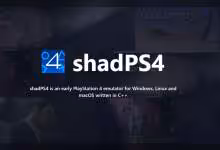 Logo ShadPS4 avec fond sombre, mention d'un émulateur pour Windows, Linux et macOS.