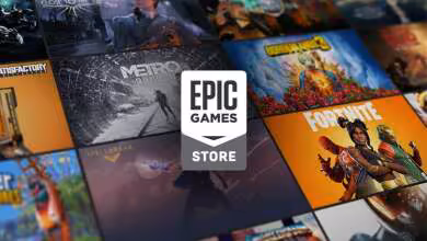 Logo Epic Games Store centré sur mosaïque de jaquettes de jeux vidéo en arrière-plan coloré