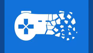 Icône de manette de jeu blanche se brisant en morceaux sur fond bleu, symbole de destruction numérique
