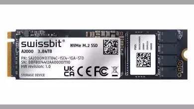 SSD M.2 Swissbit A2000 NVMe 3,84 To avec étiquette industrielle et connecteur doré