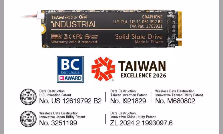 Team Group Industrial dévoile ses SSD à destruction de données pour Eurosatory 2026 1 SSD TeamGroup Industrial noir, modèle GRAPHENE, avec logo U.S. Pat. et mentions Solid State Drive