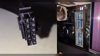 Connecteur de câble d'alimentation 16 broches et intérieur d'un boîtier de PC avec ventilateurs visibles.