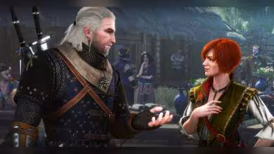 Geralt de Riv dialoguant avec Ciri dans une scène de jeu The Witcher, ambiance médiévale sombre, personnage en armure