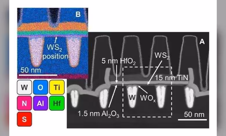 Transistors 2D : ASML, TSMC et imec valident une intégration 300 mm à 50 nm 1 Microscope d’un transistor 2D WS2 avec couches HfO2, TiN, Al2O3, W et annotations de section transversale.