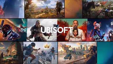 Montage de jeux Ubisoft avec logo central, scènes d’action variées et personnages de franchises emblématiques