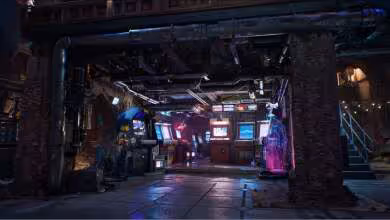 Capture d’un environnement de jeu Unreal Engine 5.8 avec éclairage néon dans une salle industrielle