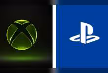 Logos des consoles Xbox sur fond noir et PlayStation sur fond bleu.
