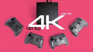 Contrôleurs et console Steam Machine sur fond rose vif avec texte "4K"