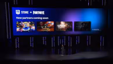 Scène Fortnite Epic Store annonçant de nouveaux partenaires, avec visuels de collaborations de jeux sur écran géant